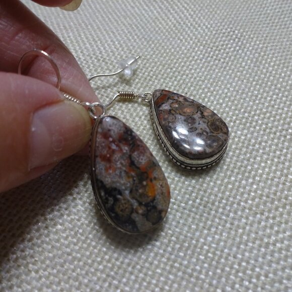 Natural LEOPARD SKIN JASPER Handmade Sterling Dangle Earrings #17C - Picture 2 of 3